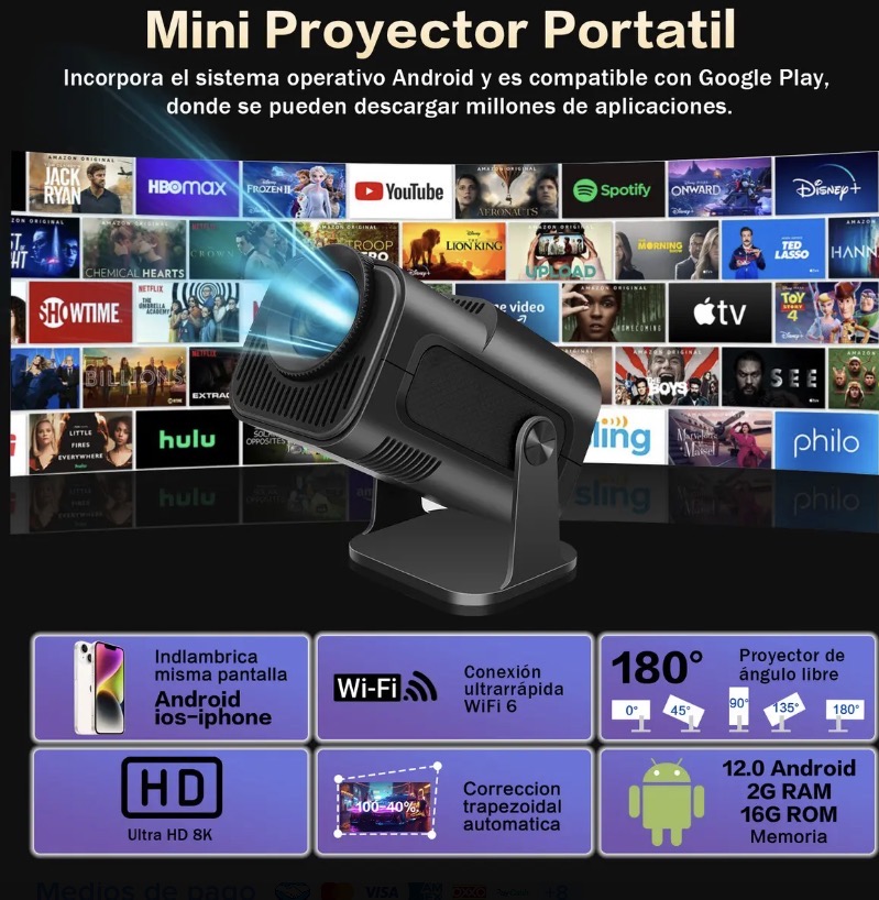 Proyector LAVAVIDA HY320 Pro Mini 1080p Android Wi-Fi y Bluetooth